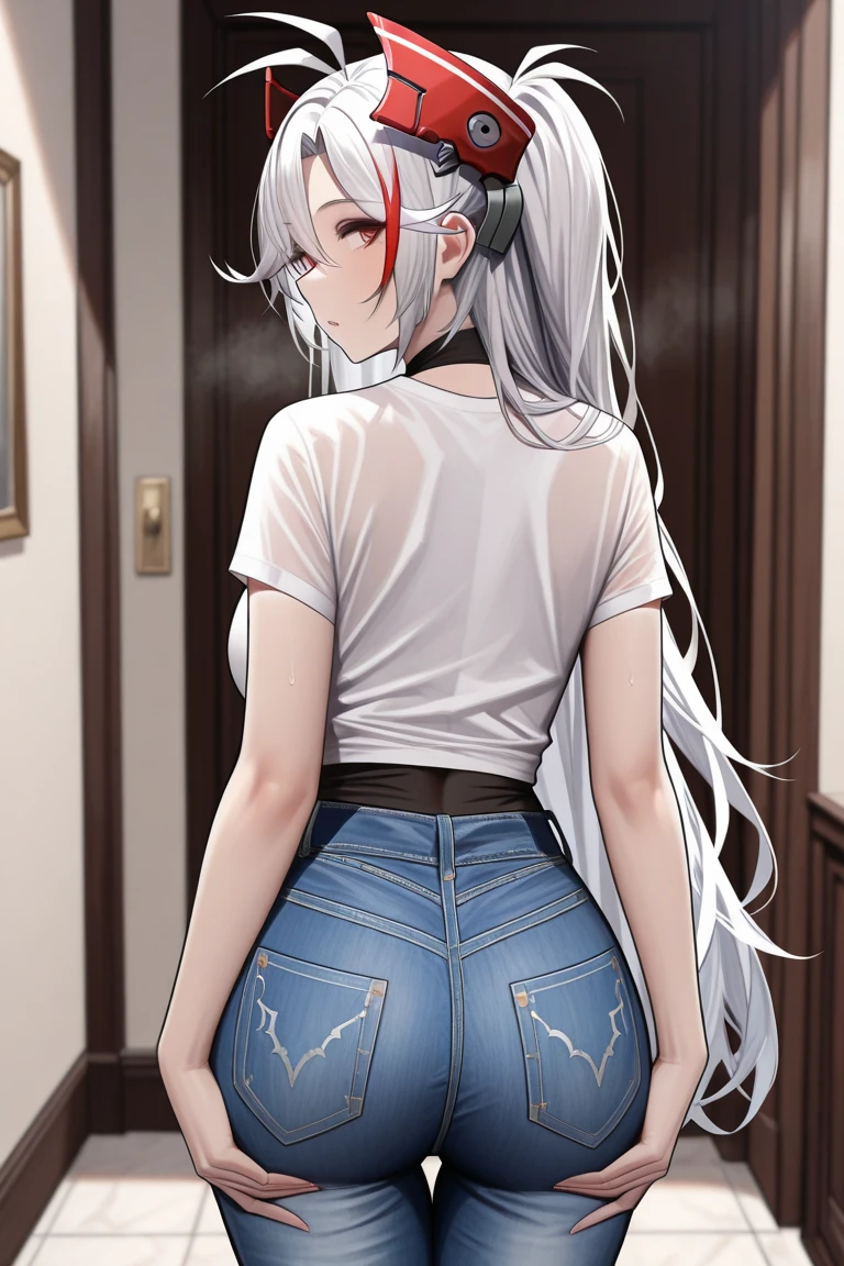 (((tmasterpiece, Best quality, A high resolution))),((1 girl, Alone, Solo girl, number 1, Solo chart)) Beautiful Noelle_Silva, Long gray hair, (shairband, purple hairband), (White hair, silber hair), dual horsetail, Pig's tail, through bangs, silber hair, a purple eye, ((denim short, shorter pants, black t-shirts, short- sleeved, Crop top)), ((Butt falls off, Butt falls off, ass shot, ass shot)), ass focus, Seductive thighs, ((posterior view)), (Eternal), Indoor rest, (sobu), blur backgroun, ((cow boy shooting)), dynamicposes, alluring face, (Perfect Finger, Perfect legs, perfect anatomia), 4K