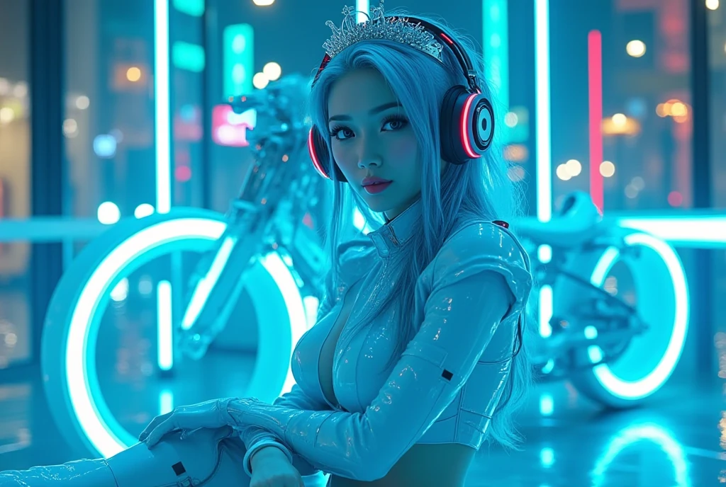  android girl, shiny white suit, pale skin, Bright blue hair,  breasts, big breasts, Sitting on a phosphorescent neon white electric motorcycle, wheels phosphorescent electric blue, Neon road futuristic city, glass floor glass Headphones, tiara, cinematic lighting, Reflection Light, UHD, Very detailed, face, quality, 