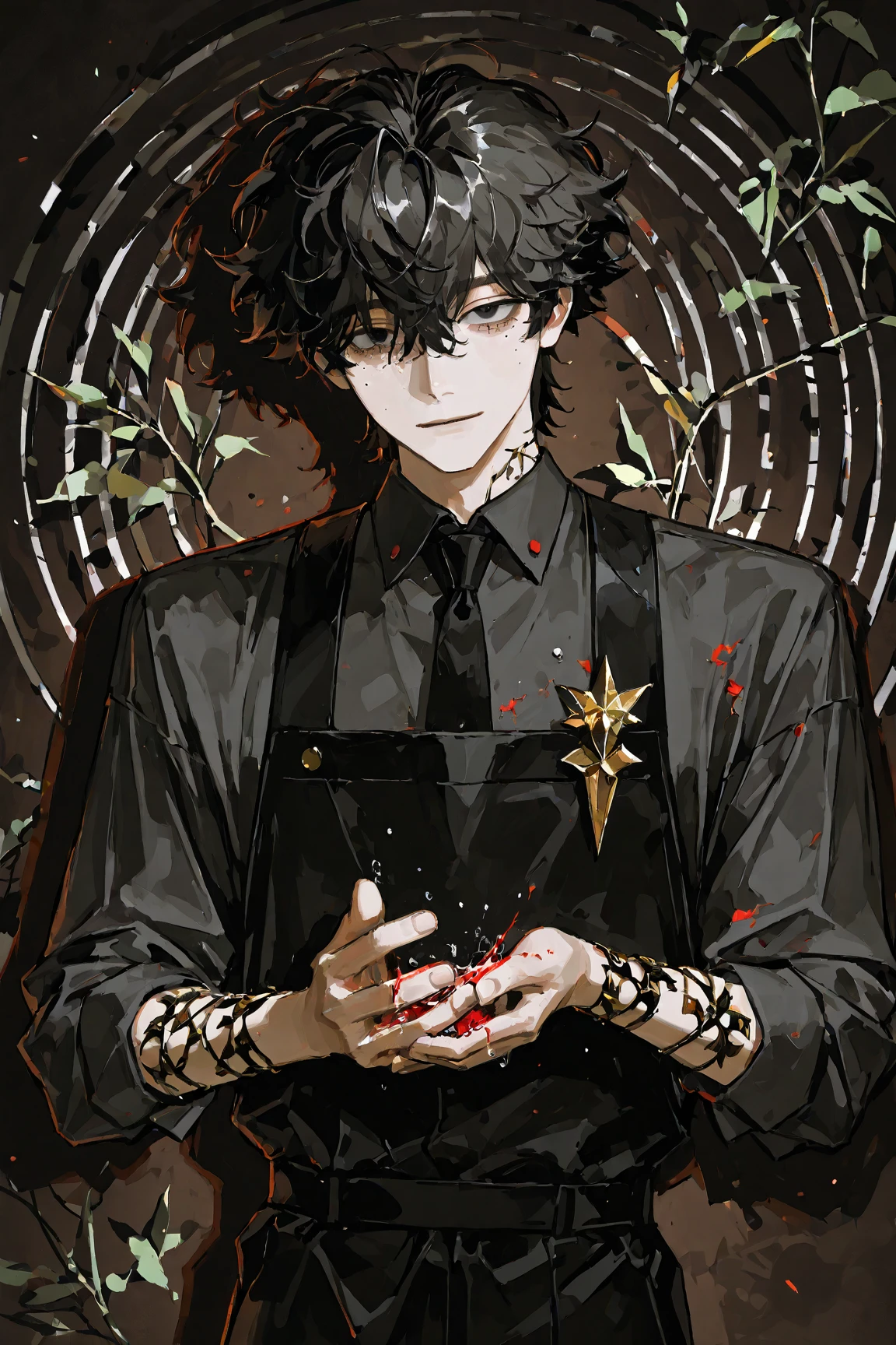 1boy, 27's, drowsy dark eyes, looking at a viewer and a mole behind his left eye, dressed in a bartender uniform,slander, adorned with some jewelries, short and dark messy hair, leaf cut hair style, shacking a cocktail with his hands, dark bar background. Drop shadow, 색차, 반사광,