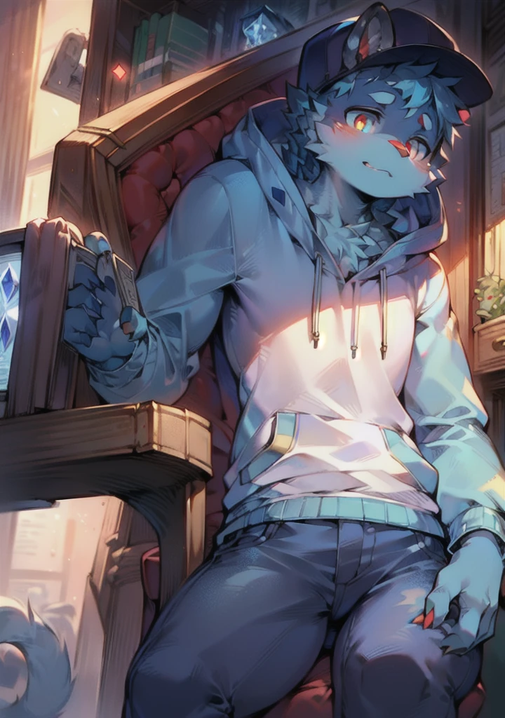 Chinese dragon boy,Gray fur,Topless, mammal, hairy,Gray Eyes,upscale hotel,Blue and black gradient swimming trunks quality,black fingerless gloves,goggles