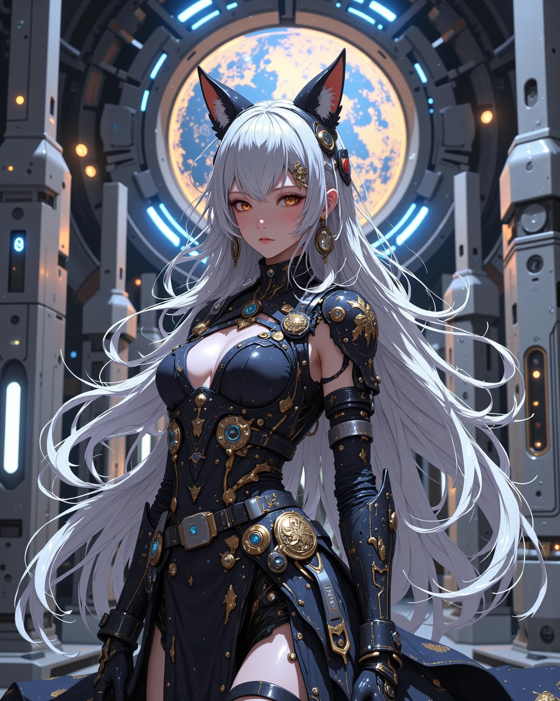 1人の獣女、pure white and very cute fox beast woman, black rubber suit, tattooed, white long wavy hair, sparkling gold big eyes, ABS, great proportions, full body shots, background kaleidoscope, 、the anime、, illustration, FANTASY, portrait、、, animification, Highres, beste Quality, very high image quality, Super Detailed, ultra Realistic, pfotorealistic