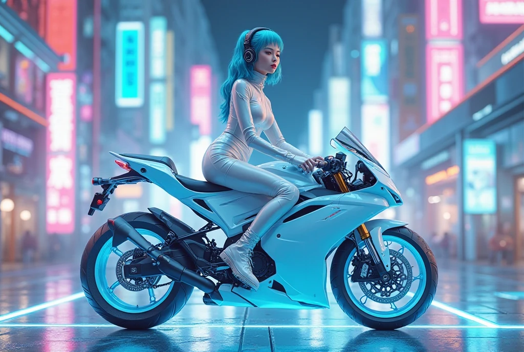  android girl, shiny white suit, pale skin, Bright blue hair,  breasts, big breasts, Sitting on a phosphorescent neon white electric motorcycle, wheels phosphorescent electric blue, Neon road futuristic city, glass floor glass Headphones, cinematic lighting, Reflection Light