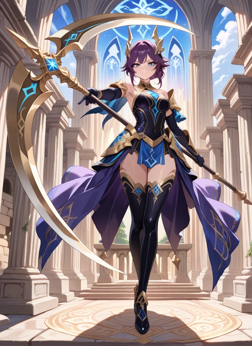 masterpiece, best quality, solo focus, 1girl, 22 years old, brown hair, (wavy hair, short hair), gold headband, purple eyes, beautiful detailed eyes, (gold medieval armor), (eagle (symbol) on chest), gauntlets, (leotard, matching leotard, bare legs), (thighhigh leggings, boots, matching boots), standing, (perfect hands, holding broad sword), mountain base backdrop, (ruined castle, ruins), solo, (perfect anatomy), (full body shot), cowboy shot.