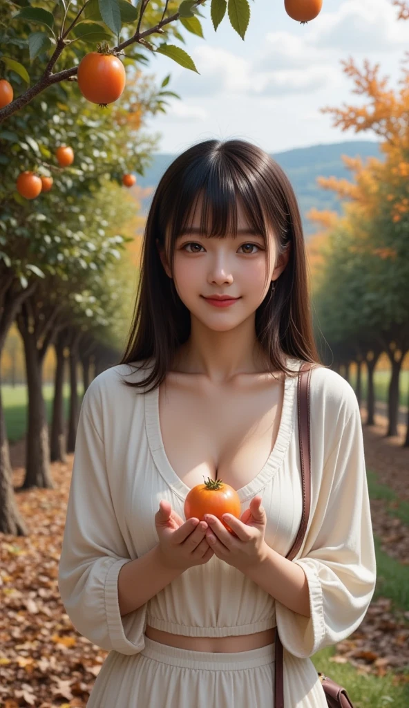 ((chemise)),((Persimmon Tree)),((A lot of beautiful persimmons)),((smile)),(Jumping),((Highest quality)), Realistic, Very detailed, In detail, ((High resolution)), 8k,Japanese women,Beautiful woman,gravure,intellectual,Beautiful Skin,Beautiful Eyes,Detailed face,(Glamour),((short hair)),Brunette colored hair,20th Generation,Bust Size 87cm,Neat constriction,(Beautiful Eyes),(Adult),
