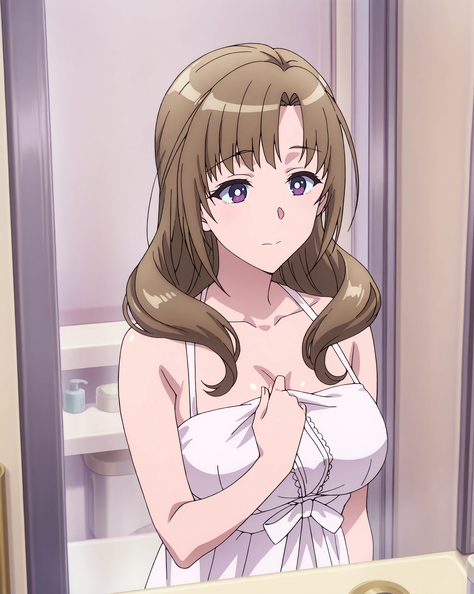 By chelodoy, mamako oosuki human, female, average breasts, v-string panties, covering breasts, topless, changing room, embarrassed, disappointed , blush,  throwing shoes, looking at the viewer 