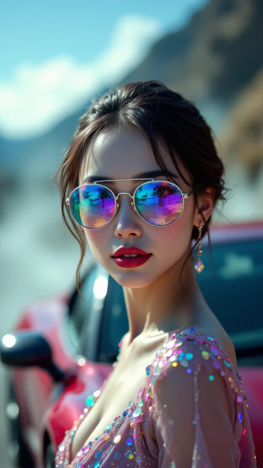 고화,Masterpiece,Extreme Details,realistic,Like a picture,4K,8K,HDR,Studio Light,physics-based rendering,Vivid Colors,clear focus, one woman, cute expression,Iridescent Sunglasses,Iridescent Dress,Iridescent Wallet,Iridescent Sports Car,Iridescent Mist Spreading Across a Wide Area,Peaceful Scenery