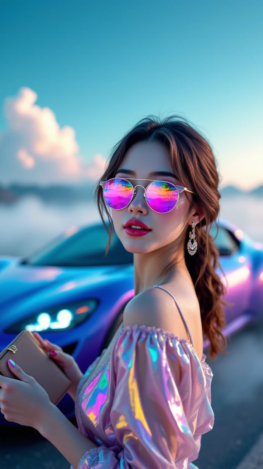 고화,Masterpiece,Extreme Details,realistic,Like a picture,4K,8K,HDR,Studio Light,physics-based rendering,Vivid Colors,clear focus, one woman, cute expression,Iridescent Sunglasses,Iridescent Dress,Iridescent Wallet,Iridescent Sports Car,Iridescent Mist Spreading Across a Wide Area,Peaceful Scenery