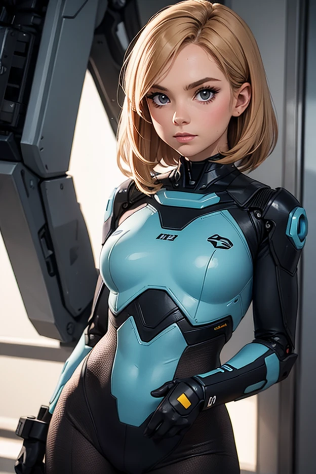 A female robot with a design similar to yourself'She is wearing a navy blue leotard and high socks.. has mechanical arms he is wearing a helmet with goggles、Eyes are hidden. Indoors at night