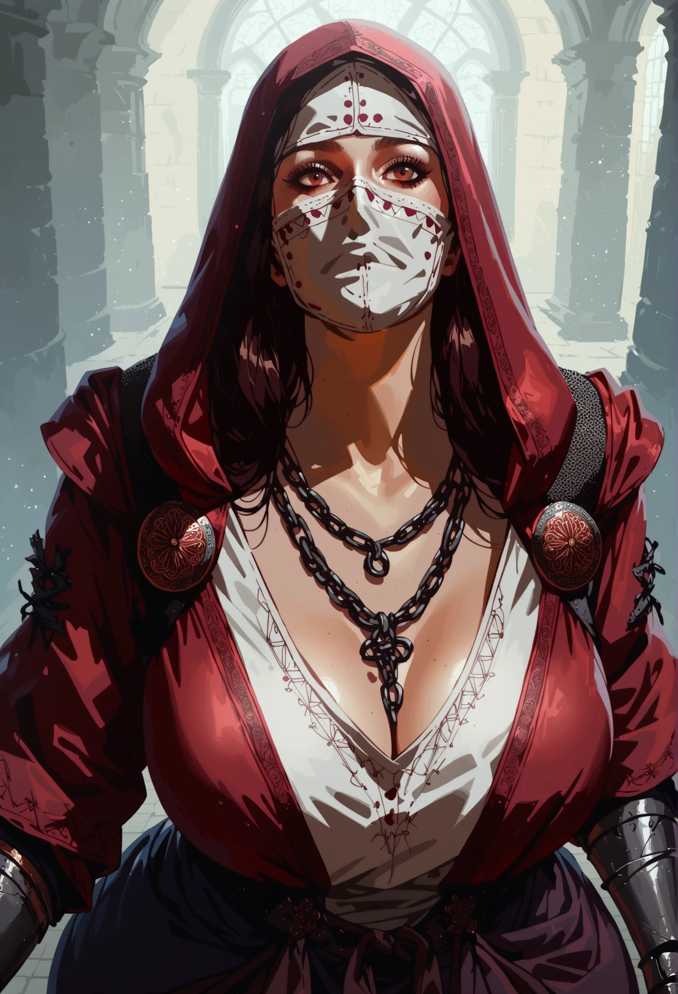 A high angle portrait of a dark maroon colored hooded female, with a dark maroon colored colored poncho over her shoulders. She has medieval fantasy (dark maroon cultist robe), iron gauntlets, massive cleavage, wide hips, black work trousers, chain necklace, (face mask), (no mouth), looking up at viewer, high detail, very detailed. (Medieval interior) (dark lighting background). arm0rs3nt1n3l