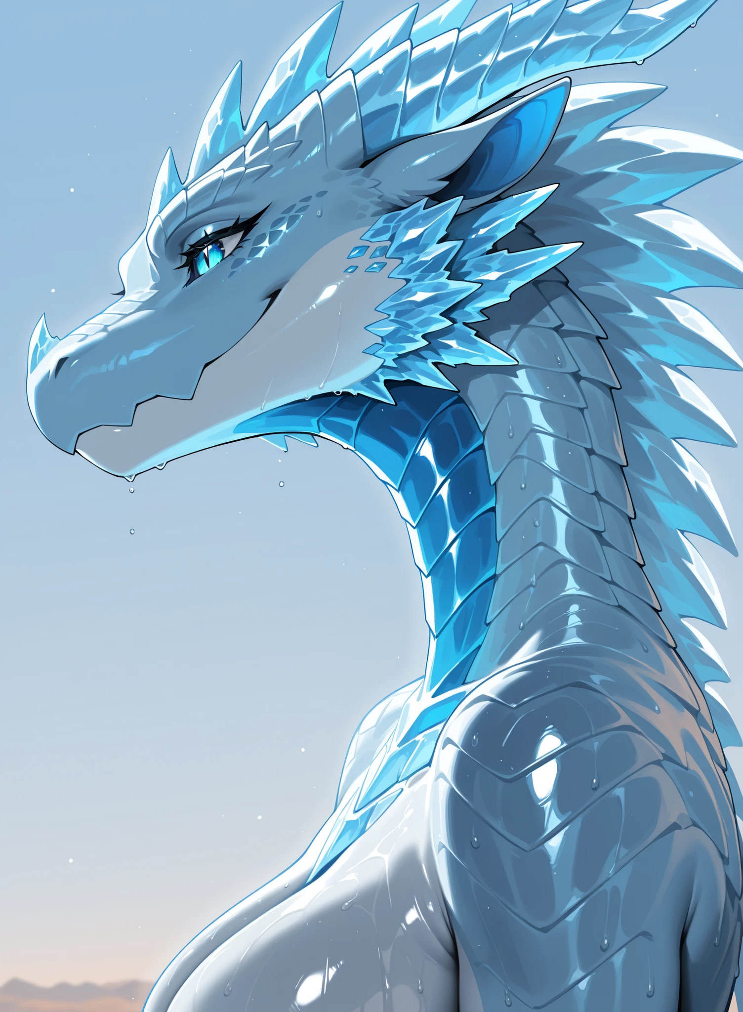 frost dragon female,((best quality)),newest,masterpiece,highres, smooth, high-rise scenery, anthro, solo,shiny s oiled body, close up, side view,smile face