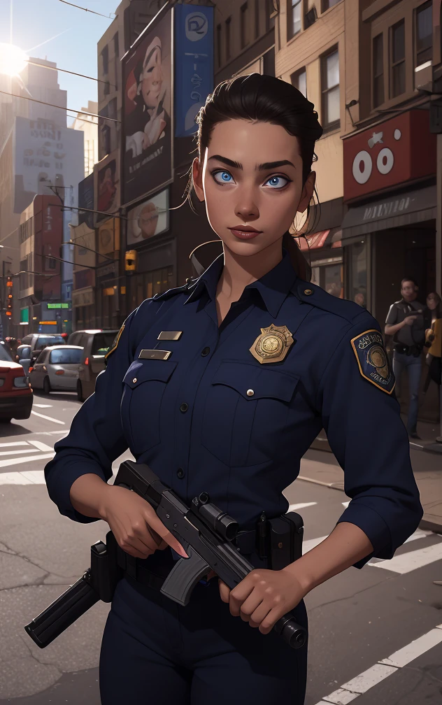 Femme caucasienne brune de 30 ans, policiere, en uniforme de police, pictorial, badge de police, Lunettes de soleil avec verres miroir, Serieuse metart, Lumiere naturelle, highly detailed, in an overcrowded police station, quentin tarantino action shot, action scene from the film, from a movie scene, perfect movie shot, Style Manara, mignon, mignon, cour::2, dreamworks cartoon, Peinture 3D, 35 mm, Grand Angle, Fujifilm, grain du film, profondeur de champ, Masterpiece