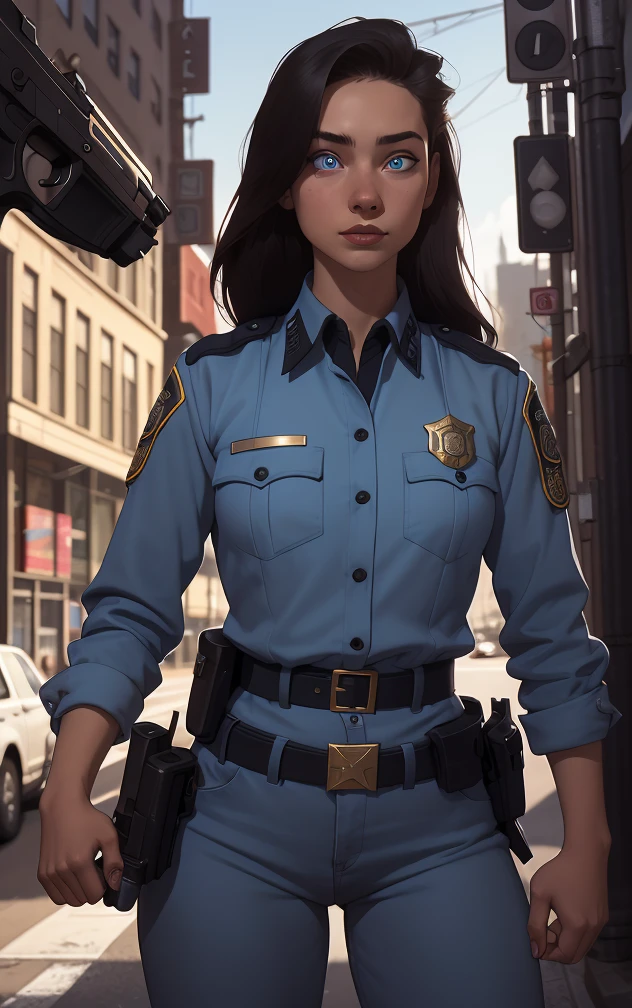 GTA5 Loading Screen 2D art, Megan Fox as a GTA5 Female Police Officer, action pose, cinematic composition, shaders, bright cinematic lighting, soft contrast, video game background