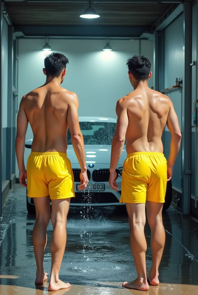 (((2heads))),a brazilian 18 year old man,(big bulge:1.5),fit,beautiful face, buzz cut, thick beard, detailed hazel eyes, tight shorts, tight light blue camo shirt, unathletic,big butt, very wide shoulders, wet, drenched, massive big bulge in crotch, dripping gooey white slime on skin,oiled skin, wet skin, platinum blonde, dark hair with highlights, brown hair,unathletic,, inside a car wash, at dusk, smiling, full body, realistic, detailed,oiled skin, glistening skin, gooey translucent white slime on face , gooey translucent white slime on chest, gooey translucent white slime on clothes,stubble