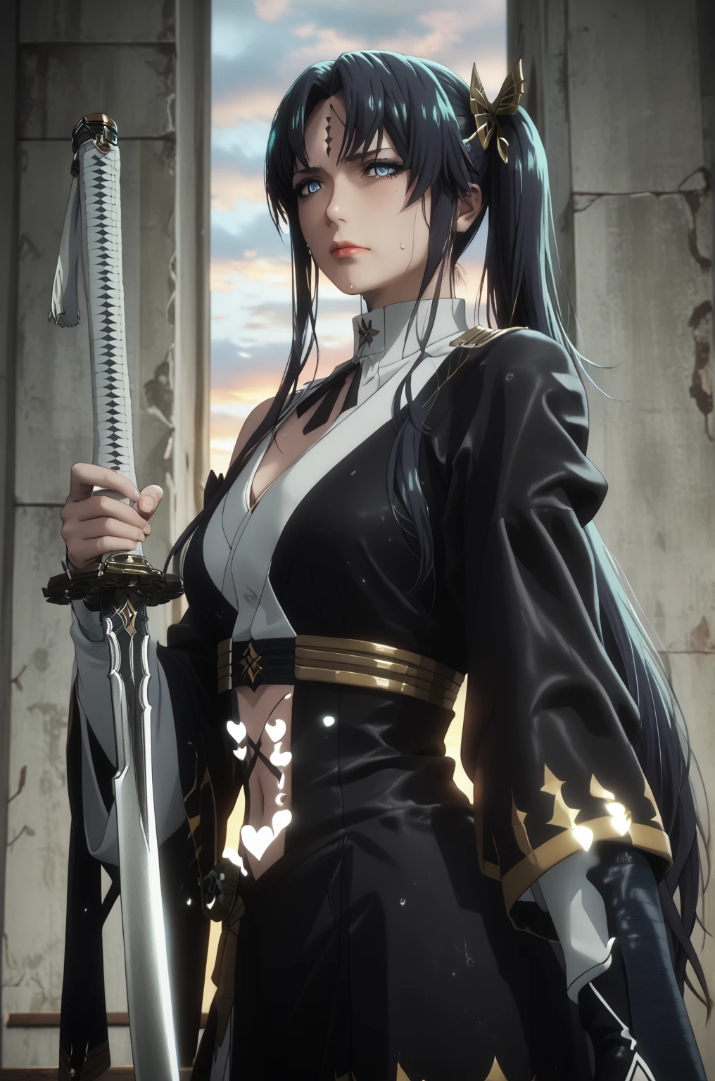 comic, score_9, score_8_up, score_7_up, score_6_up, score_5_up, score_4_up, uncensored, detailed background, vignetting, masterpiece, Cinematic, high quality, absurdres, best quality, very aesthetic, newest, digital art, trending on ArtStation, ((anatomical correct)), perfect body, perfect eyes, perfect fingers, gasping, heavy breathing, excessive sweating, sweating, sweating profusely, gasping profusely, cinematic, ((skindentation)), ((curvy)), parted bangs, long hair, side ponytail, black hair, hair ornament, blue eyes, plump, ((UHD, Cinematic, Warm colors)), hearts, pleasured, sword, holding, solo, wide_sleeves, 1girl, holding_sword, bare_shoulders, detached_sleeves, looking_at_viewer, long_sleeves, standing, breasts, floating_hair, sunset, katana, cowboy_shot, cloud, midriff, medium_breasts,