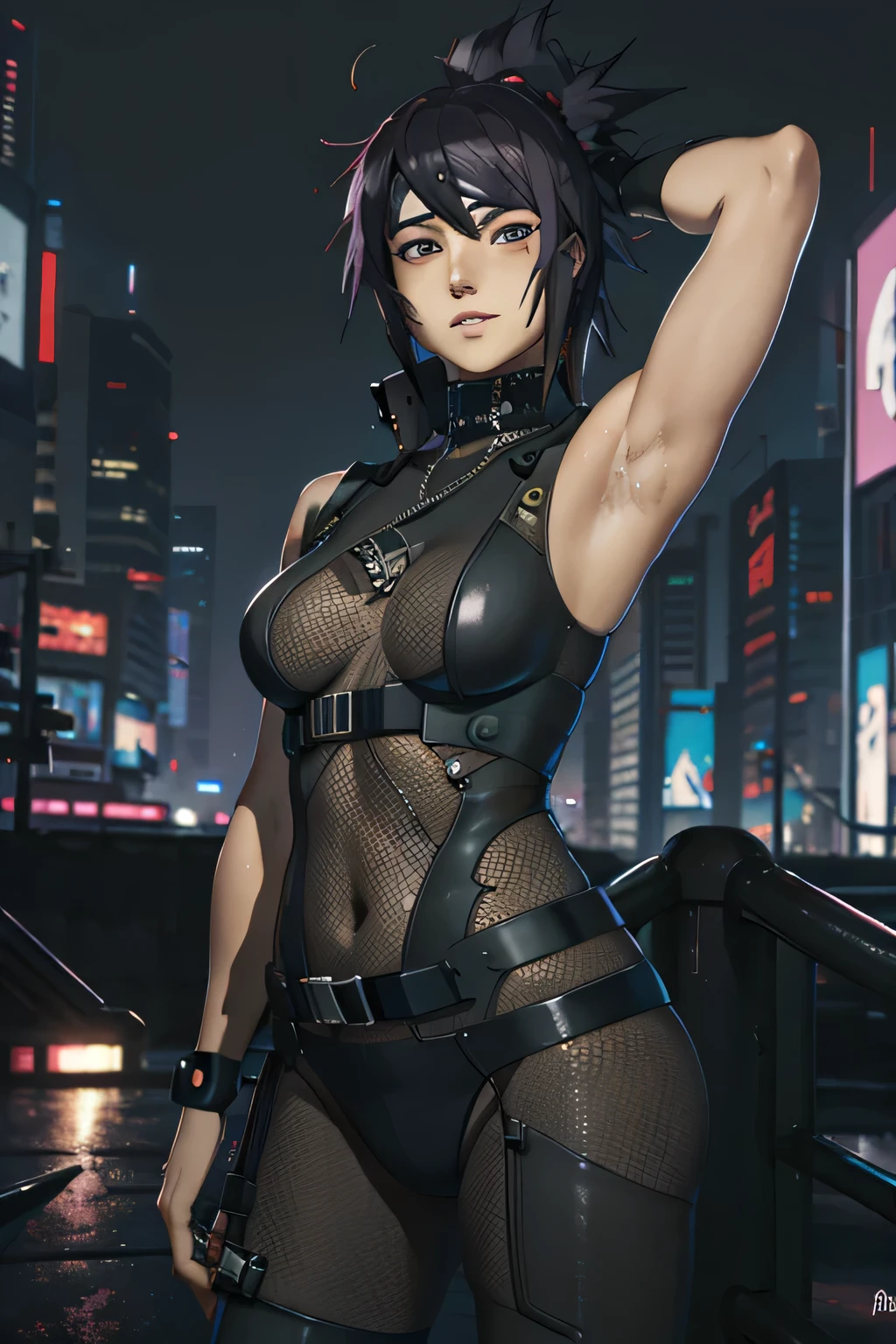 Masterpiece, stunning realistic, best quality, anko mitarashi, wearing black sleeveless cyberpunk clothes, in a cyberpunk city, cyberpunk world, showing her armpit, in the middle of cyberpunk city filled with cyberpunk building