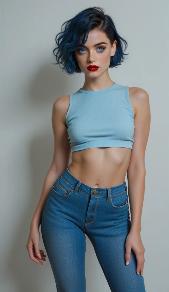 bright shot: 1.3), realistic epic, yellow eyes, young thief, (one woman), Light gray short-sleeved, non-transparent shirt., transparent fabric at the waist, Wavy Hair 1.4, (dark blue hair), short hair, Dark blue and orange tones, (Light green shorts), Aesthetics of wastelands and valleys!!! ruins, Soft, cinematic lighting, Adobe Lightroom, dark room, HDR, disorder, green bracelet on arm, straps from red thrings over transparent fabric at the waist, Thong under shorts