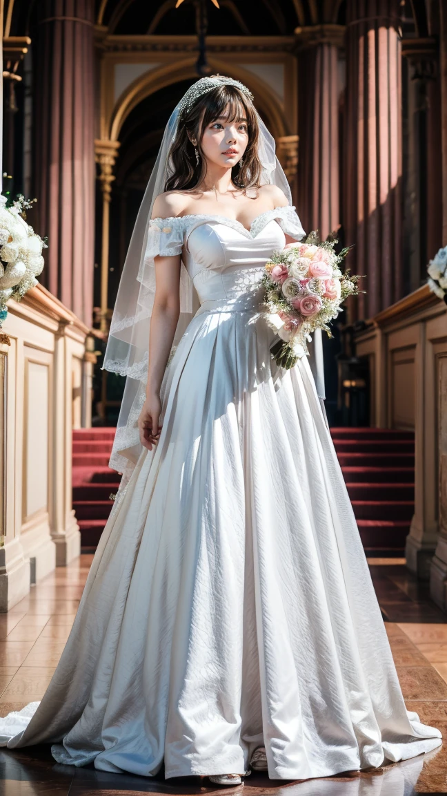 (masterpiece, best quality, realistically, work, Super detailed, 8K), ((wide angle lens, full body female love)), 1 girl,Light makeup,exquisite facial features,smile,exquisite crystal jewelry, heart-shaped necklace,Exquisite hairstyle, Pompadour hairstyle, White lace shirt,princess dress,high-end dress,standing posture front,facing the audience,Full-length portrait, in a garden full of roses, big breasts