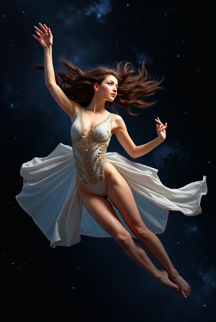 /I Liquid art, A beautiful woman using a gown in a dynamic pose against the background of a solar eclipse using an airbrush, reflective transparent and metallic finish --ar 9:16 --s 800