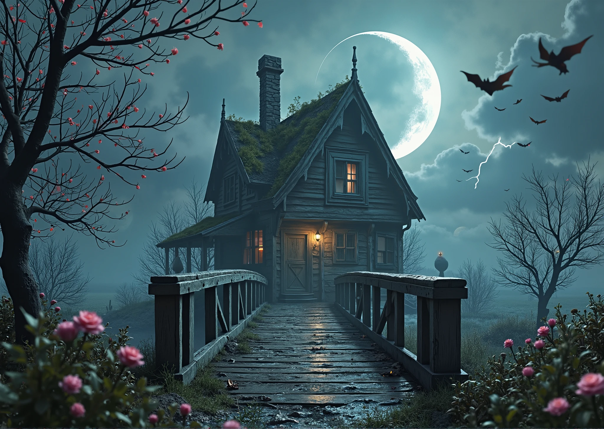 Fairyland 、I can see an old wooden bridge over the island、I can see a haunted house that almost collapsed、 there is thin moss growing on the roof、 can see the light from the window 、I can see an old wooden bridge over the island、Dead Trees and Flowers、Crescent Moon hidden by clouds、White Lightning、Wet Ground After Rain、Bats Are Flying 、Night Terror、REALISTIC 3D RENDERING