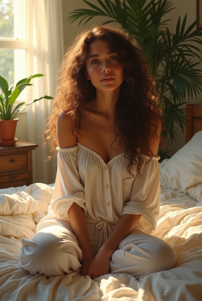 (photorealism:1.2), beautiful woman, sitting on bed, wearing loose off-shoulder top, pajama pants, long curly hair, indoors, soft lighting, plants in background, window with sunlight, cozy room, relaxed pose, realistic, intricate details, warm colors, by Greg Rutkowski, by Alphonse Mucha