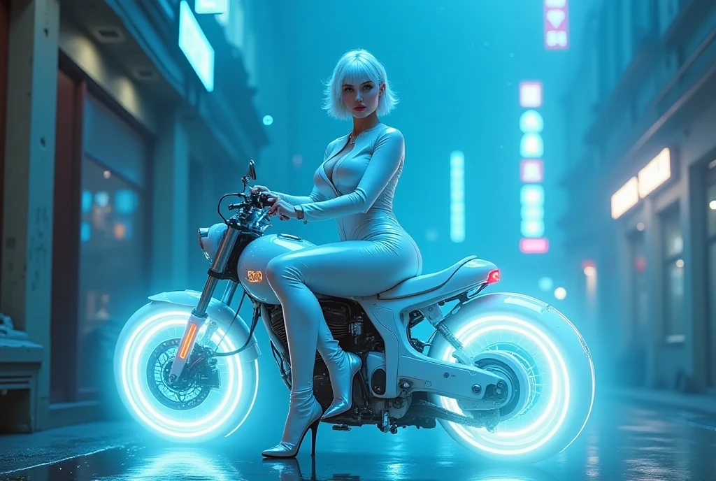 Perfect face, cute girl, big breasts, white hair, short hair, 22 year old, sunglasses, butt naked, white unbuttoned shirt, driving a bike, night, back view, 
