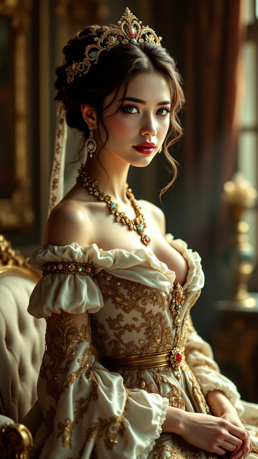 (High resolution,masterpiece:1.2),(Realistic:1.37)Portrait of an 18th century Russian vampire girl of unparalleled beauty. She has captivating red eyes and delicate rosy lips. Long fangs, The portrait is carefully drawn down to the smallest detail., Capture the subtle nuances of her features. She is wearing a beautiful silk gown, Adorned with intricate lace and delicate embroidery. This painting speaks of the luxury of the time., Luxurious velvet curtains and gold furniture in the background. The lighting is soft and diffused, Highlight the girl's graceful beauty. the colors are vivid and rich, Create compelling visual experiences. This portrait is painted in the classical portrait style., Reminiscent of the works of famous artists of the time. It exudes elegance, Grace, Sophistication. sharp long claws, (Crimson eyes:1.4), Flame-red eyes, (Sharp fangs visible through the gap between his lips:1.8), There is a bite mark on the neck.2There are two holes