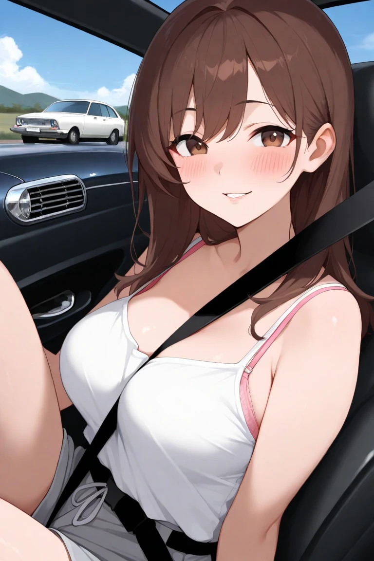 (A brown-haired girl actress in the back seat of the car: 1.7), (nervous expression: 1.8), (Masterpiece, masterpiece: 1.5)