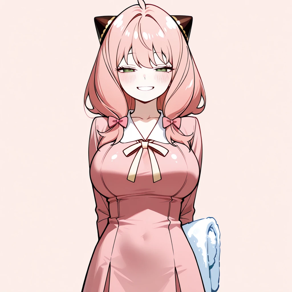 My name is Hikaru, I am a white test doll with long red hair and black eyes. I am 1.60 cm tall and weigh 46 kg. My breast sizes are 300 cm, my waist is 60 cm and my hips are 200 cm. Dressed in a yellow top along low-cut with green pants and hair with a low ponytail over my shoulder. With big breasts 300 cm
