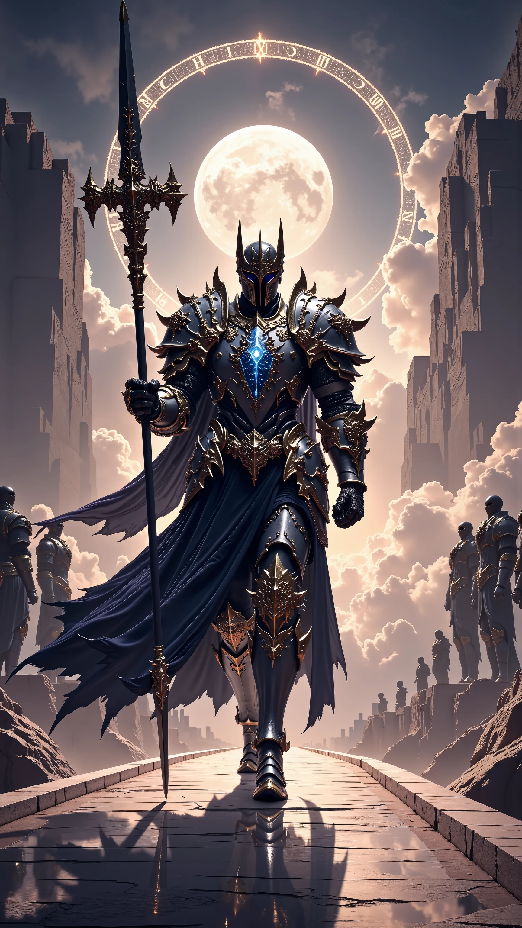 Libra Knight walking across a grand marble bridge suspended over a twilight chasm, full body view, male warrior clad in sleek silver and deep blue armor with mirrored finishes and symmetrical engravings, balanced shoulder plates shaped like the scales of justice, helmet with elegant wing-like crests on each side and a glowing blue visor, chestplate adorned with twin balanced scales and celestial patterns, flowing dark blue and silver cape that splits evenly down the middle, trailing perfectly in sync with each step,
holds a dual-bladed polearm shaped like a balanced scale — one end a sword, the other an axe — both sides glowing faintly with opposing auras of light and shadow,
walks with poised, balanced posture, full figure, tall and graceful build, masculine anatomy, knight in helmet, energy of justice and inner peace, extremely detailed armor, precise and noble movement,
The background shows a glowing horizon between night and day, with one side of the sky glowing warm gold and the other deep indigo, statues of blindfolded judges standing along the bridge, glowing floating runes forming perfect circles around the knight as he walks, a calm river glimmering far below,
photorealistic, masterpiece, realistic, high contrast, cinematic lighting, 8k, HD, high definition detailed, detailed, hyper detailed, best quality, ultra high resolution, hyper realistic, no text, very detailed eyes, dramatic lighting