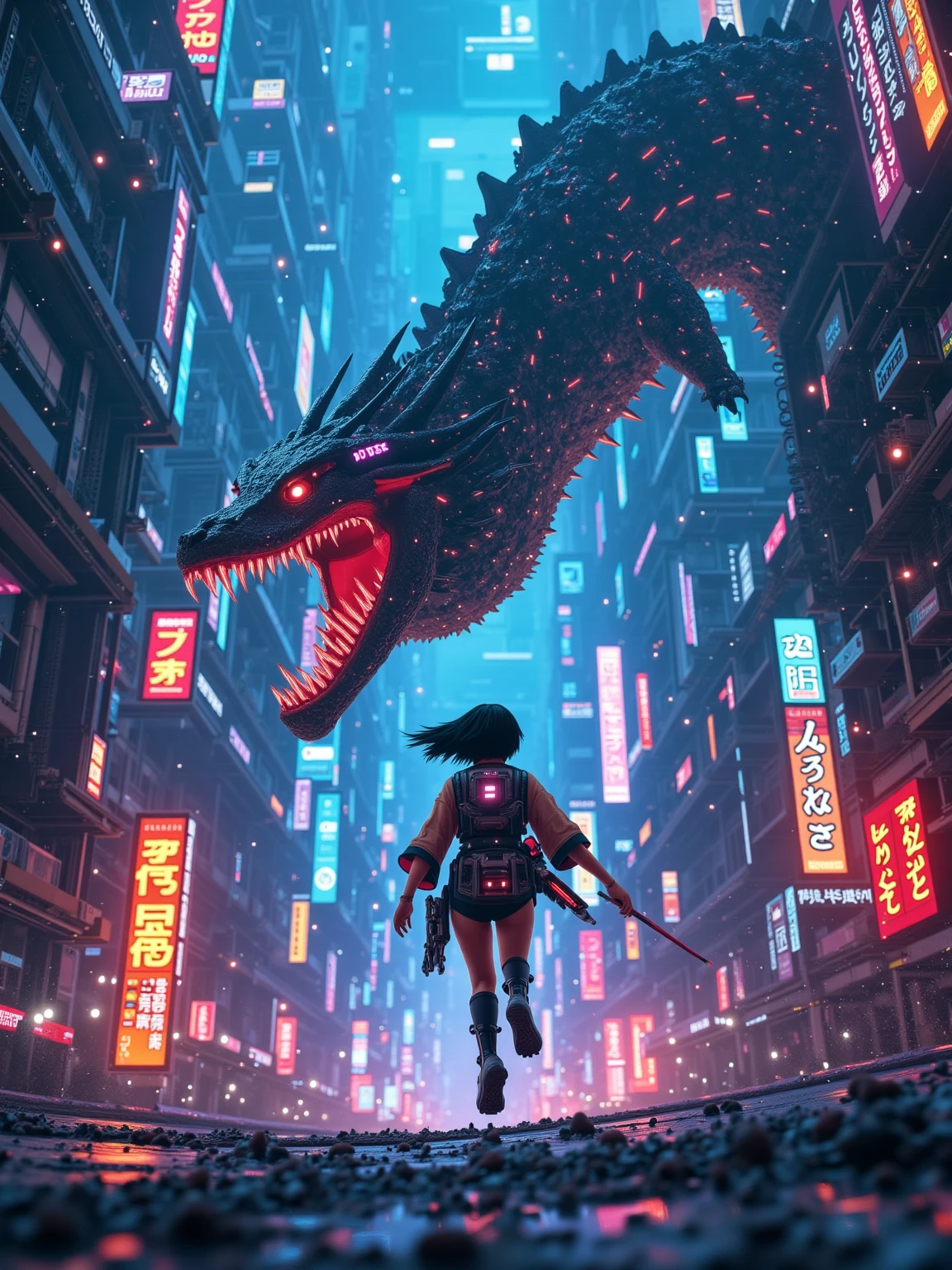 masterpiece, concept art, centered, wide shot, front view, 1girl name Mani (Kaiju No8), wet, (rain, night) , body tattoo, multicolored ponytail hair, tank top, cute, stylish, sexy pose, graffiti wall background, city landscape, (epic composition, epic proportion) , contrast, vibrant color, volumetric lighting, HD