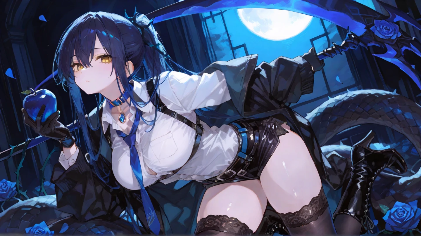 Masterpiece, Beautiful art, professional artist, 8k, art style by sciamano240, rostro de Bronya Zaychik, detailed body, Very detailed face, very detailed eyes, Detailed clothing, detailed fabric, Best Quality, better resolution, 1 girl, view from behind, perfect ass, big breasts, serious expression, at night , silver hair, glasses, choker:1.6, (long sleeve white collar buttoned shirt), (shiny black corset), black gloves covering your hands, holding an ax with his hand, (shiny black leggings), looking at the viewer, dark forest, Atmosphere, fog, at night
