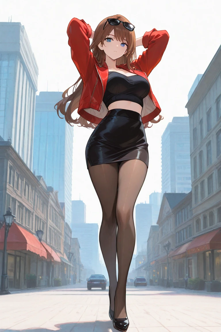 high res, best quality, 1girl, girlfriend, red hair, red dress, GTScity, giantess, city, buildings, Sitting on Building, perfect hand,