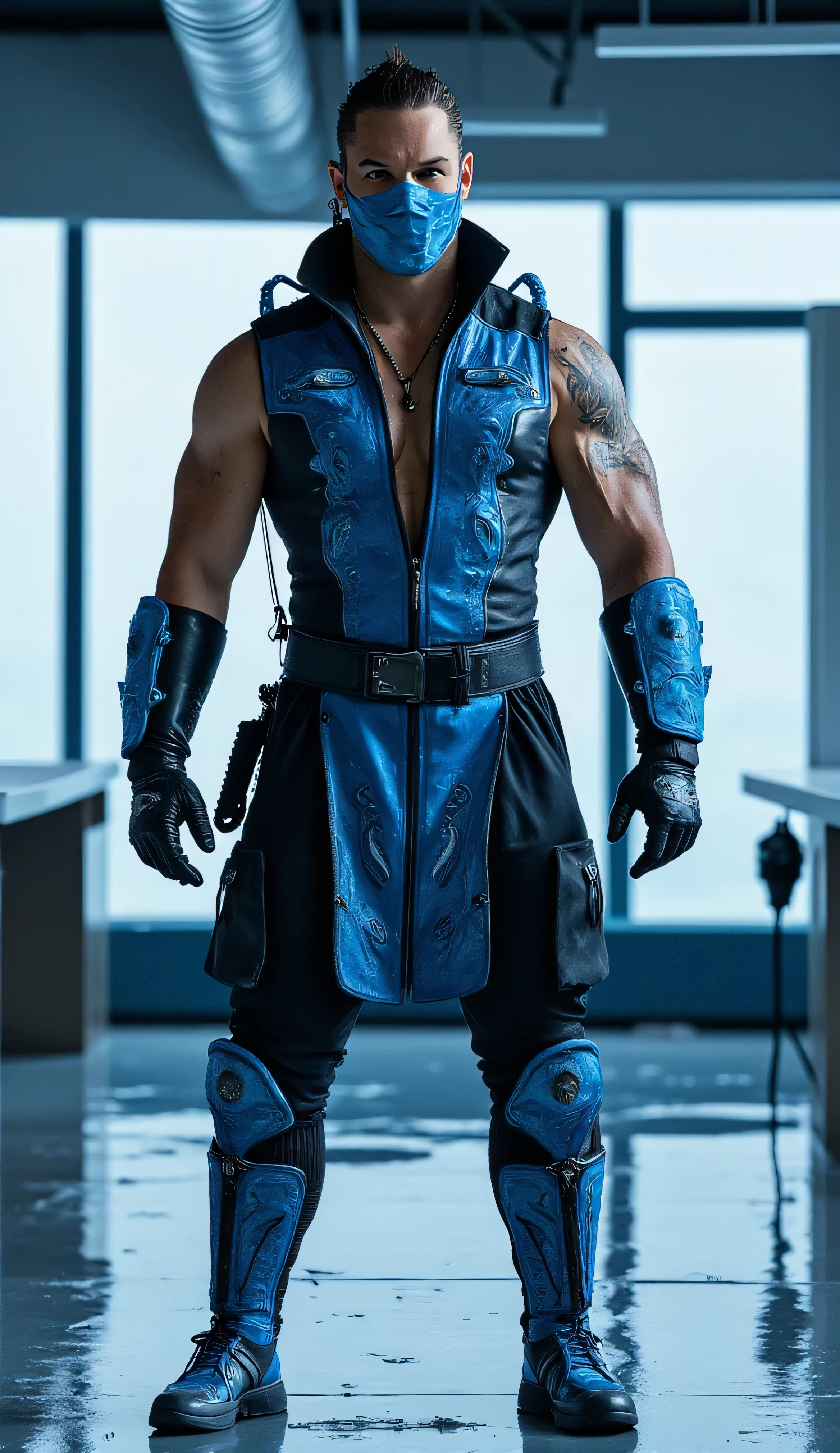 realistic full body image of Sub-Zero from Mortal Kombat, with the face of Tom Hardy, wearing a detailed icy blue and black armored ninja suit with subtle glowing frost elements, muscular physique with visible arm and torso muscle through tactical fabric, black combat boots, gauntlets with ice shard details, ice mist subtly rising from his body, intense warrior pose, photorealistic style, full body from head to toe, cinematic lighting, same modern office background subtly transformed with a cold frost-covered atmosphere