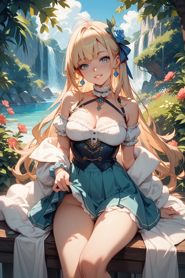 finest image, portrait, beautiful cute woman, amorous expression, lewd expression, ecstasy, orgasm, blonde braided bangs iridescent short hair, gold sparkling big eyes, red alluring moist big thick lips, medium breasts, slender, perfect proportion, long thin legs, navy blue and white girly ruffle dress, skirt lift, white panty, white knee high socks, thighs, a hill with a large tree full of fresh greenery, background fantasy, that emits fantastic light, light particles, light sparkles, petals, scatter gold and silver glitter and confetti, iridescent light particles, detailed and delicate depiction, professional lighting