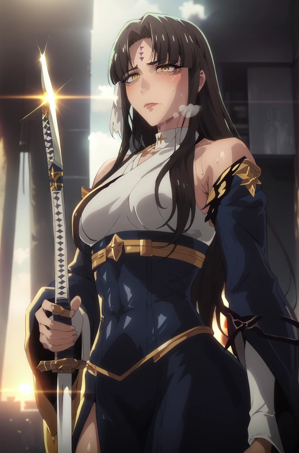 Theobrobine, comic, score_9, score_8_up, score_7_up, score_6_up, score_5_up, score_4_up, uncensored, detailed background, vignetting, masterpiece, Cinematic, high quality, absurdres, best quality, very aesthetic, newest, digital art, trending on ArtStation, ((anatomical correct)), perfect body, perfect eyes, perfect fingers, gasping, heavy breathing, excessive sweating, sweating, sweating profusely, gasping profusely, cinematic, ((skindentation)), ((curvy)), michiko tanaka, long hair, black hair, yellow eyes, facial mark, forehead mark, plump, ((UHD, Cinematic, Warm colors)), hearts, pleasured, sword, holding, solo, wide_sleeves, 1girl,  holding_sword, bare_shoulders, detached_sleeves, looking_at_viewer, long_sleeves, standing, breasts, floating_hair, sunset, katana, cowboy_shot, cloud, midriff, medium_breasts, 