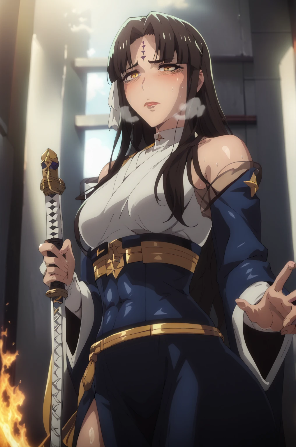 Theobrobine, comic, score_9, score_8_up, score_7_up, score_6_up, score_5_up, score_4_up, uncensored, detailed background, vignetting, masterpiece, Cinematic, high quality, absurdres, best quality, very aesthetic, newest, digital art, trending on ArtStation, ((anatomical correct)), perfect body, perfect eyes, perfect fingers, gasping, heavy breathing, excessive sweating, sweating, sweating profusely, gasping profusely, cinematic, ((skindentation)), ((curvy)), michiko tanaka, long hair, black hair, yellow eyes, facial mark, forehead mark, plump, ((UHD, Cinematic, Warm colors)), hearts, pleasured, sword, holding, solo, wide_sleeves, 1girl, holding_sword, bare_shoulders, detached_sleeves, looking_at_viewer, long_sleeves, standing, breasts, floating_hair, sunset, katana, cowboy_shot, cloud, midriff, medium_breasts,