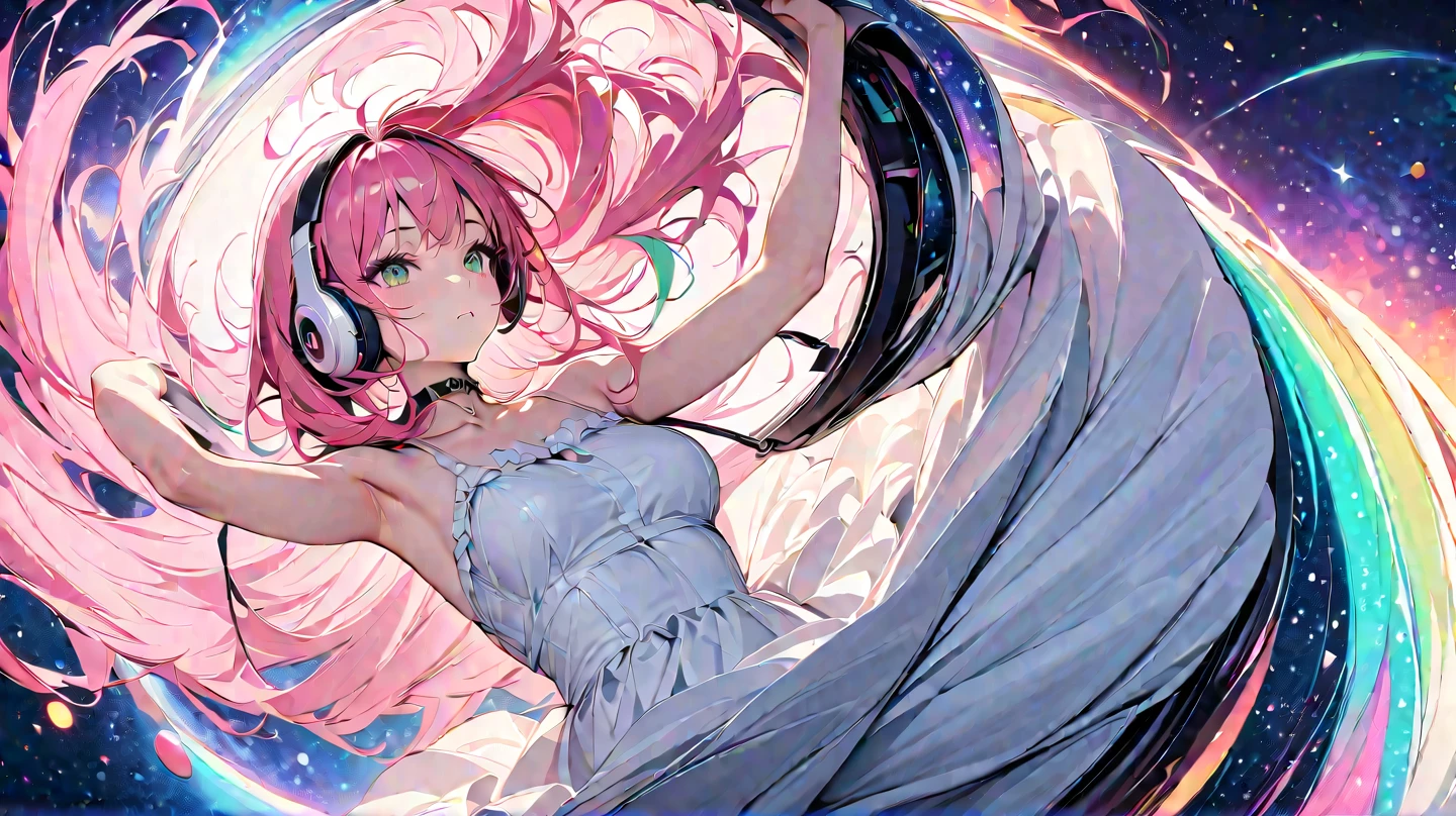 woman,pink hair,Platinum eyes,White dress set,Floor length skirt