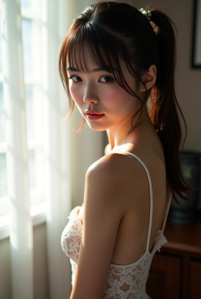 8k, Highest quality, High resolution, Realistic photos, Perfect Face, Detailed skin texture, Cute 10 year old Japan girl, View your viewers, Slim figure, Attractive gaze, Fair skin, Baby Face, (Flat Chest:1.2), ponytail, (change:1.2), Happy, In bed by the window, babyドール, 26 years old, Cute Face, Cute Face, Japanese, Small breasts, Beautiful Skin, とてもSmall breasts, Cute Face, JS, baby