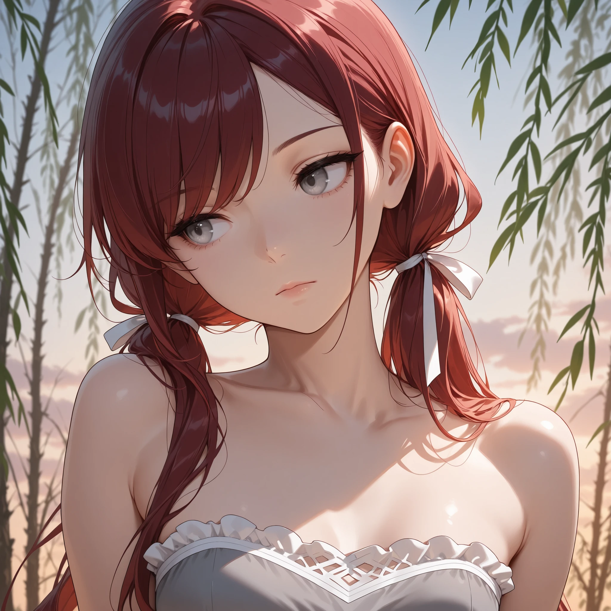 (masterpiece, best quality), solo, intricate details, JK, 1 expressionless girl, head tilt, close up, upper body, portrait, beautiful face, Gray eyes, Dark red hair, long swept bangs, long hair in low twin tails, hair ribbons, strapless sleeveless shirt, gray shirt, shirt with white trim, white frill trim, hand behind neck, looking away, small breasts, slightly toned arms, close up, portrait, dusk, willow tree branches,