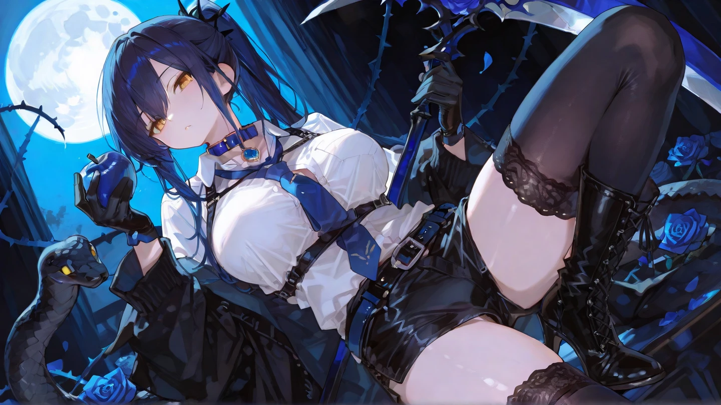 prison, concrete wall, concrete floor, ((((black dildo, black sex toys, black strap-on)))), femdom, dominatrix, ((female standing)), ((((looking down)))), looking at viewer,  furrowed brow, foreshortening, 独奏,   ((((from below)))), ((bare shoulders)), ((black bustier)), ((black stockings)), ((black g-string)), ((black high heels)), ((black garter belt)), ((black elbow gloves)), white hair,
 One person,  Long Hair, Purple eyes,  chest, Ahoge,   very Long Hair,   large breasts, ribbon,  hair ribbon, ponytail,  bangs, 

