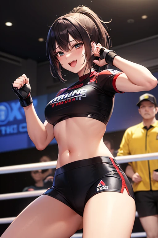 masterpiece, best quality, ultra-detailed, illustration, ultra-detailed face, best quality face,1girl,adult,30 years old,boxer,tomboy,bully,short hair,strong,muscular,abs,tough expression,sporty build,tall,professional martial artist,amber brown eyes,mean smile,champion,brown hair,confident, strong,fighter,dominant,ready to dominate the opposition,naked,topless,wicked,evil,vicious, dominant look in her eyes,she's a predator,boxing gloves, boxing ring,violent,angry,wide shoulders,strong arms, muscular thighs, ripped muscles.