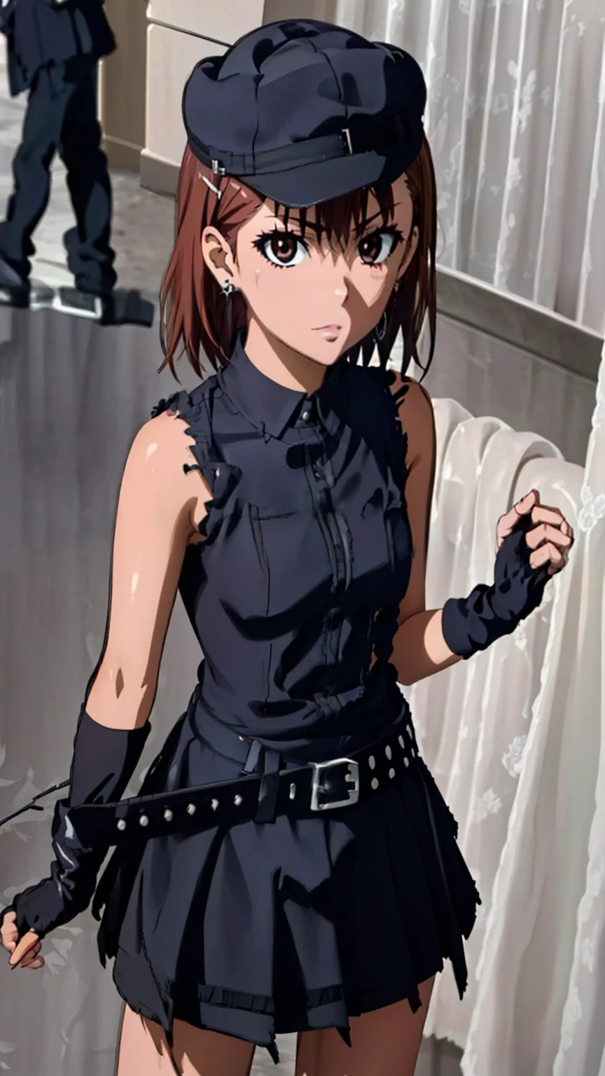 (masterpiece, best quality, high resolution, 8k:1.2), (anime coloring:1.2), highly detailed, beautiful eyes, perfect eyes, fine eyes, brown eyes, featuring big highlights, detailed face, highly detailed, fine eyes, symmetrical eyes, one girl, alone, Misaka Mikoto, brown hair, short hair, hairpin, (small breast), slim body, (street rock fashion, (black clothes:1.3), ripped skirt, fingerless gloves, fedora, belt, earrings, heavy makeup, street corner), looking at the viewer, dutch angle, (cowboy shot),