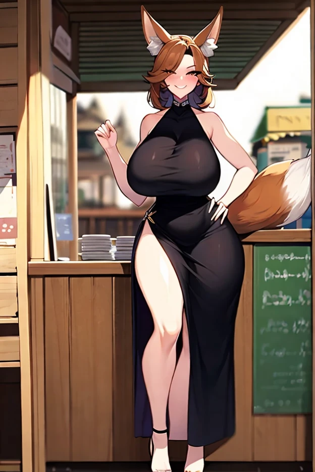 By bebebebebe, by lostgoose, by goonie-san, solo, female, canine, (((hair, akita shepherd))), standing, (tail, snout, detailed eyes), standing, (french city), ((prada dress suit)), big breasts, big breasts, hands behind back