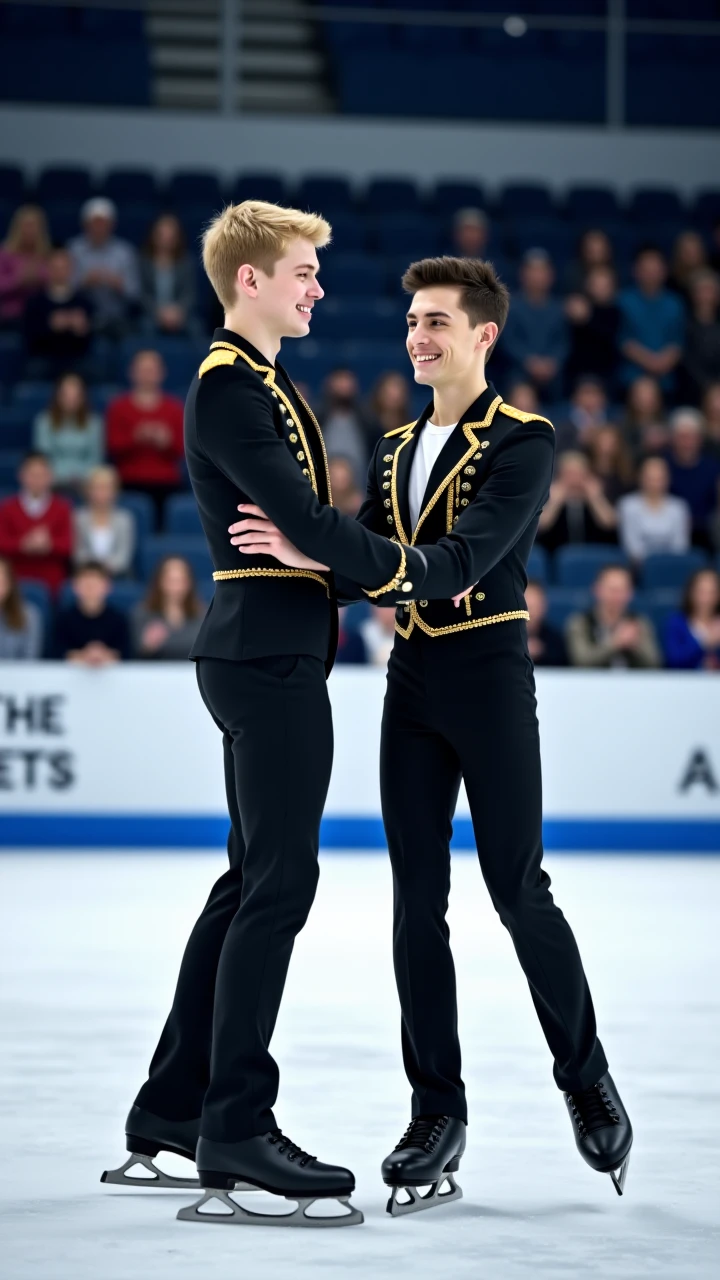 masterpiece: close-up: full-length view of a couple of 18-year-old men, smiling and cheerful, with short brown hair, shaved legs, dressed in shiny black t-shirts and black , are doing figure skating on ice. background: you can see the skating rink, the audience and the scoreboards. maximum detail. photographic quality. Cold halogen light