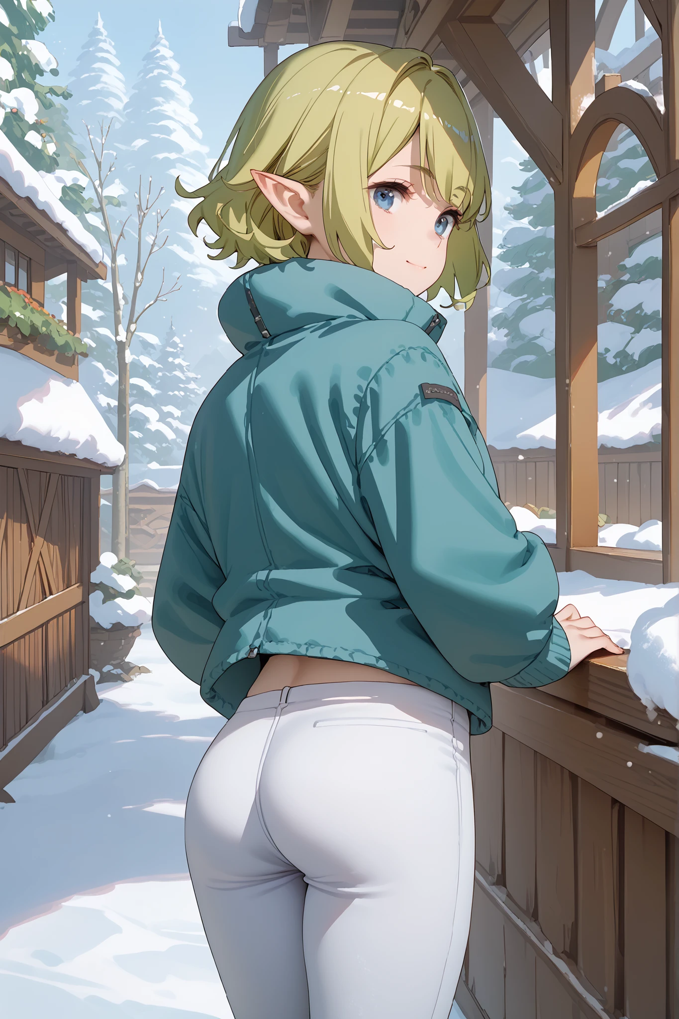 1 girl, solo, high resolution, winter, warm jacket, warm pants, short hair, blonde hair, green hair, blue eyes, pointy ears, smile, snow, from behind, ass