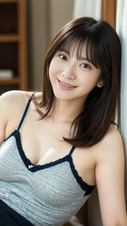 (masterpiece, 8k, best quality, RAW photo, photo realistic, ultra detailed), (beautiful Japanese girl),slender, 20yo, kawaii, cute, detailed face, thin eyebrow, detailed fair skin, light brown hair, wavy hair, bangs, blush, (small breasts), cleavage, (bra:1.2), (panties:1.2), (underwear with floral patterns:1.2), belly button, wedgie, detailed fabric, necklace, earrings, bracelet, (leaning forward:1.2), (looking at viewer:1.4), (smile), (close-up face), BREAK (cloth shop:1.3), shopping, dynamic angle