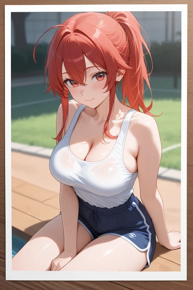 masterpiece、Highest quality、Best image quality、High resolution、Big Breasts、Black school swimsuit、Muji school swimsuit、Red hair、Red eyes、ponytail