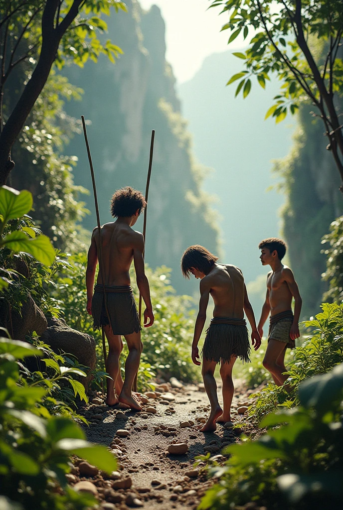 Photorealism 1.3 realistic realism high detailed high definition clear natives kids play around hide and seek in the jungle covered wearing tree skin as a shirt with leaf dramatic cinematography cinematic view morning mode sunlight silhouette smoke effect
