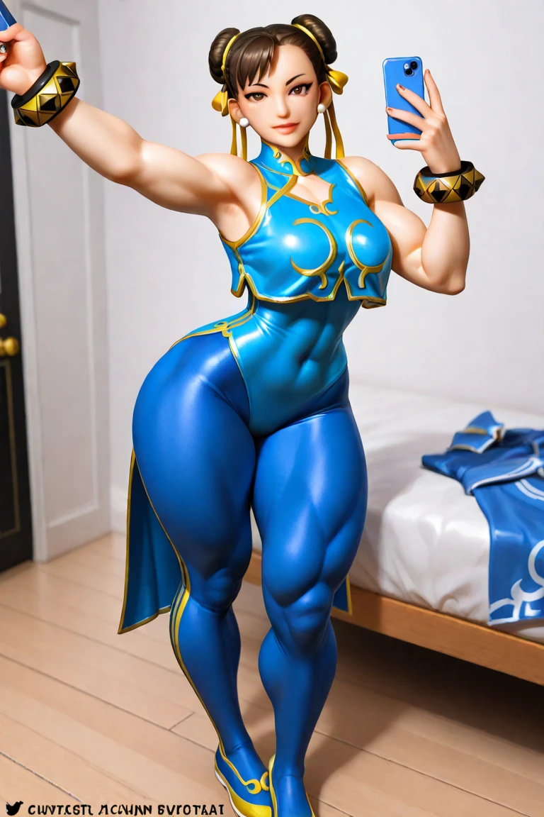 1girl, sexy chun-li, chun-li, wearing street fighter chun-li outfit, chun-li hair, wingtip eyeliner, lipstick, sexy, sexy body, chun-li body, full body, sexy thick thighs, chun-li face, chun-li lips, chun-li eyes, posing in a sexy way, posing in a cute way, standing up, luxury bedroom, she is looking at viewer seductively, fantasy, high quality, detailed quality, taking selfie, selfie, selfie photo, selfie for boyfriend, sexy selfie, street fighter