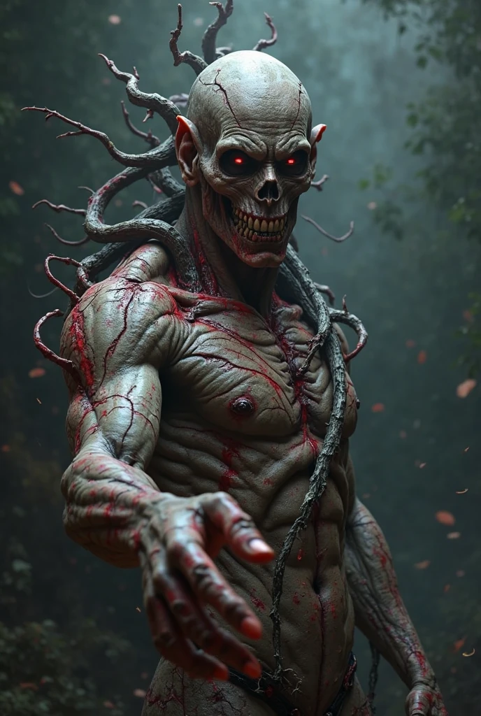 masterpiece, noise suppression, void noise, one male elf, Best quality, permission 8k, male focus, sharp image, just concentrate, stunning composition, volumetric lighting, super quality, Very detailed, fantasy, adult male elf zombie with very long white curly disheveled hair, Cold, dead man with pale grayish skin, thin, skinny, fit, with white stubble, expressive yellow eyes with a vertical pupil, cadaveric spots, crazy, in a torn shirt and pants, in blood, sharp claws, shows sharp teeth and smiles, fantasy средневековье, Gloomy Dungeon